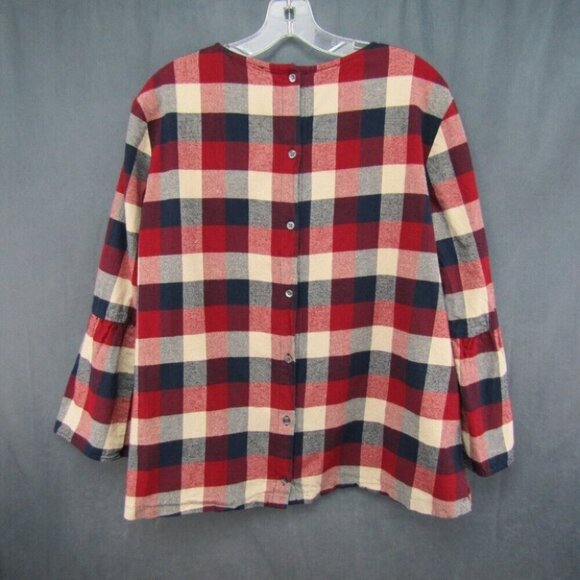 Hatch Maternity Red Navy Plaid Flannel Top Size M 2 Bell 3/4 Sleeves Back Button - Picture 5 of 10